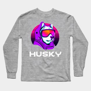 Husky Synthwave Dog Owner Retro Funny Dog 90s Long Sleeve T-Shirt